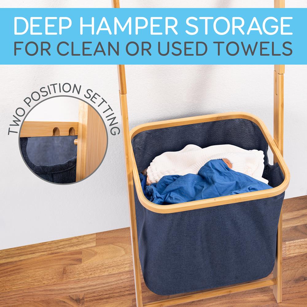 Bamboo Bath Towel Rack with Hamper - Space-Saving, Eco-Friendly