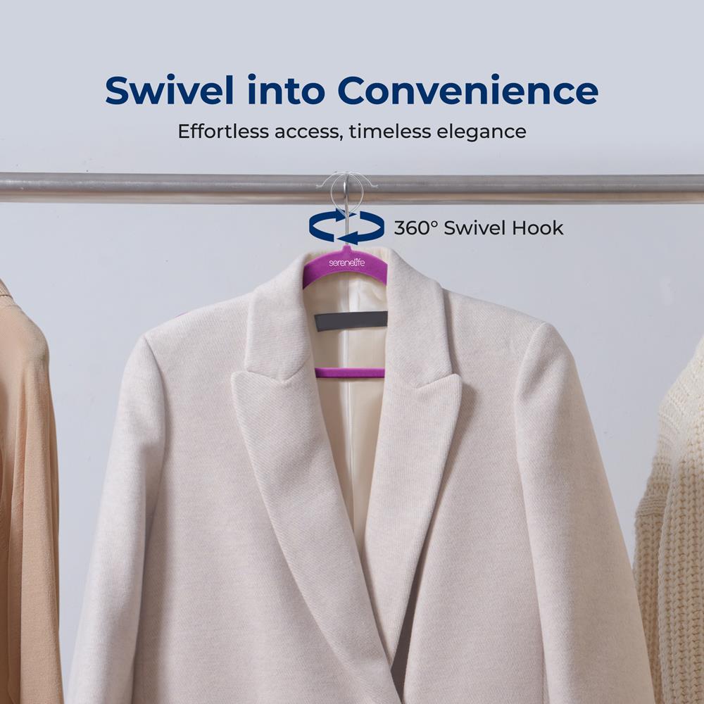 Velvet Hangers 10-Pack, Non-Slip, 360° Swivel Hook, Space-Saving, Purple