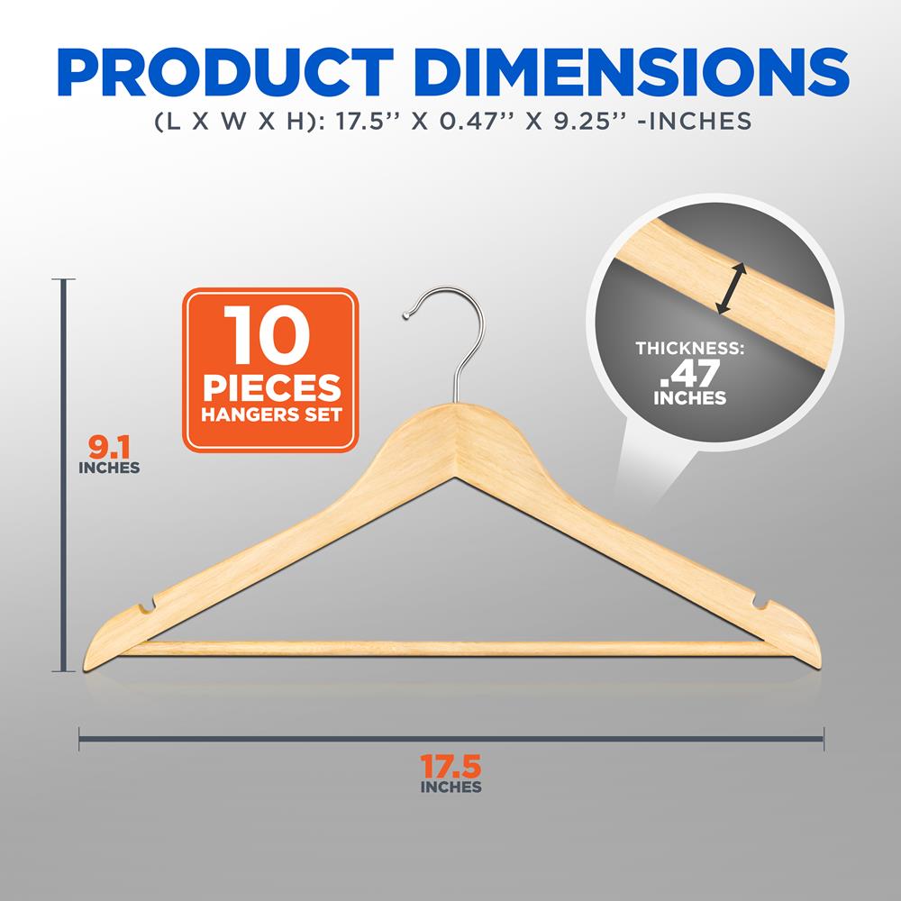 10-Pack Wooden Coat Hangers - Durable, Space-Saving, 360° Swivel Hook Natural