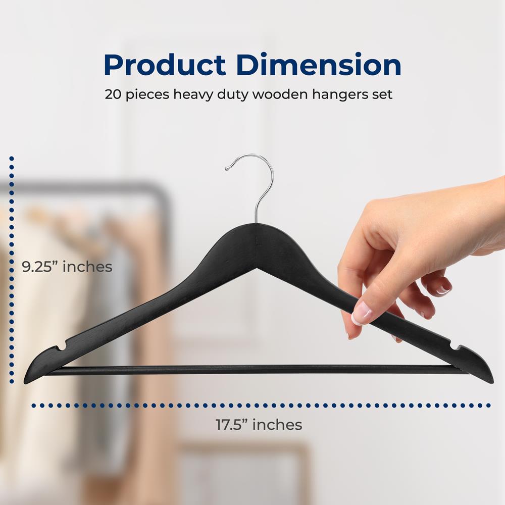 20-Pack Wooden Hangers, Heavy-Duty, 360° Swivel Hook, Black