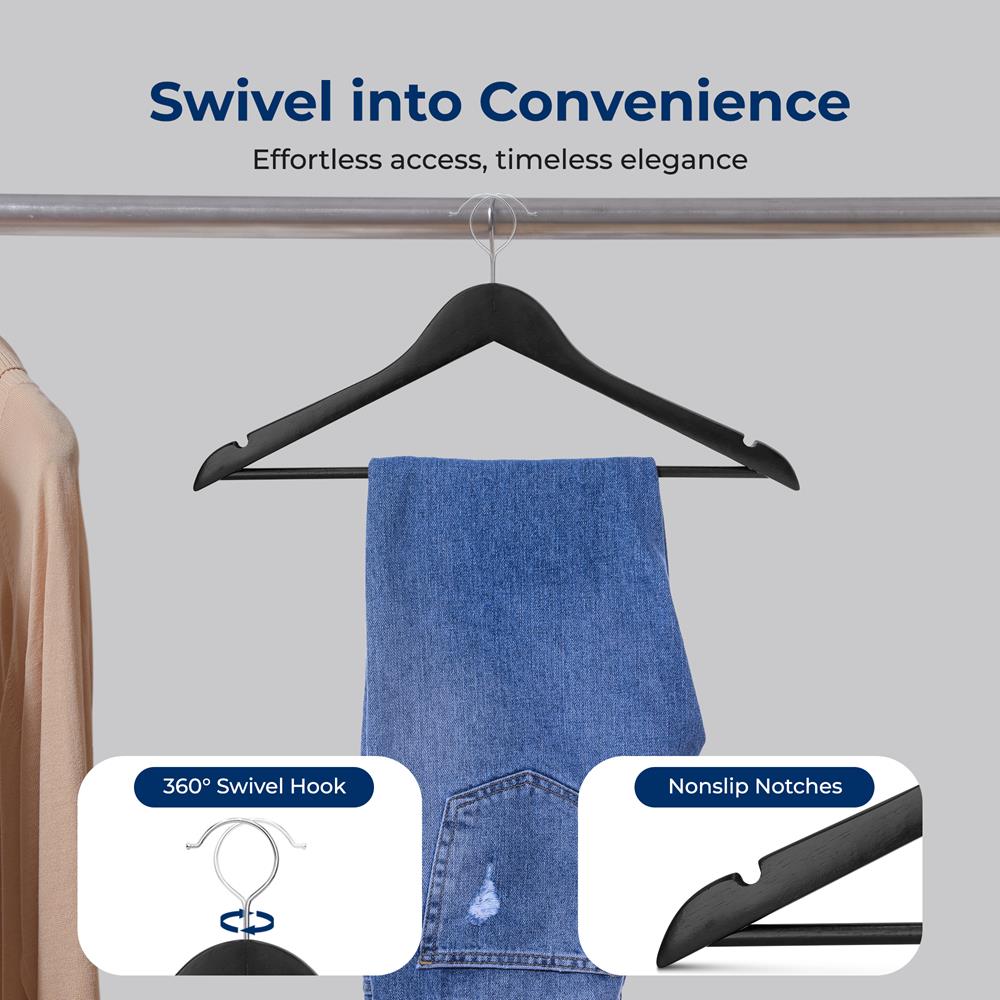 20-Pack Wooden Hangers, Heavy-Duty, 360° Swivel Hook, Black