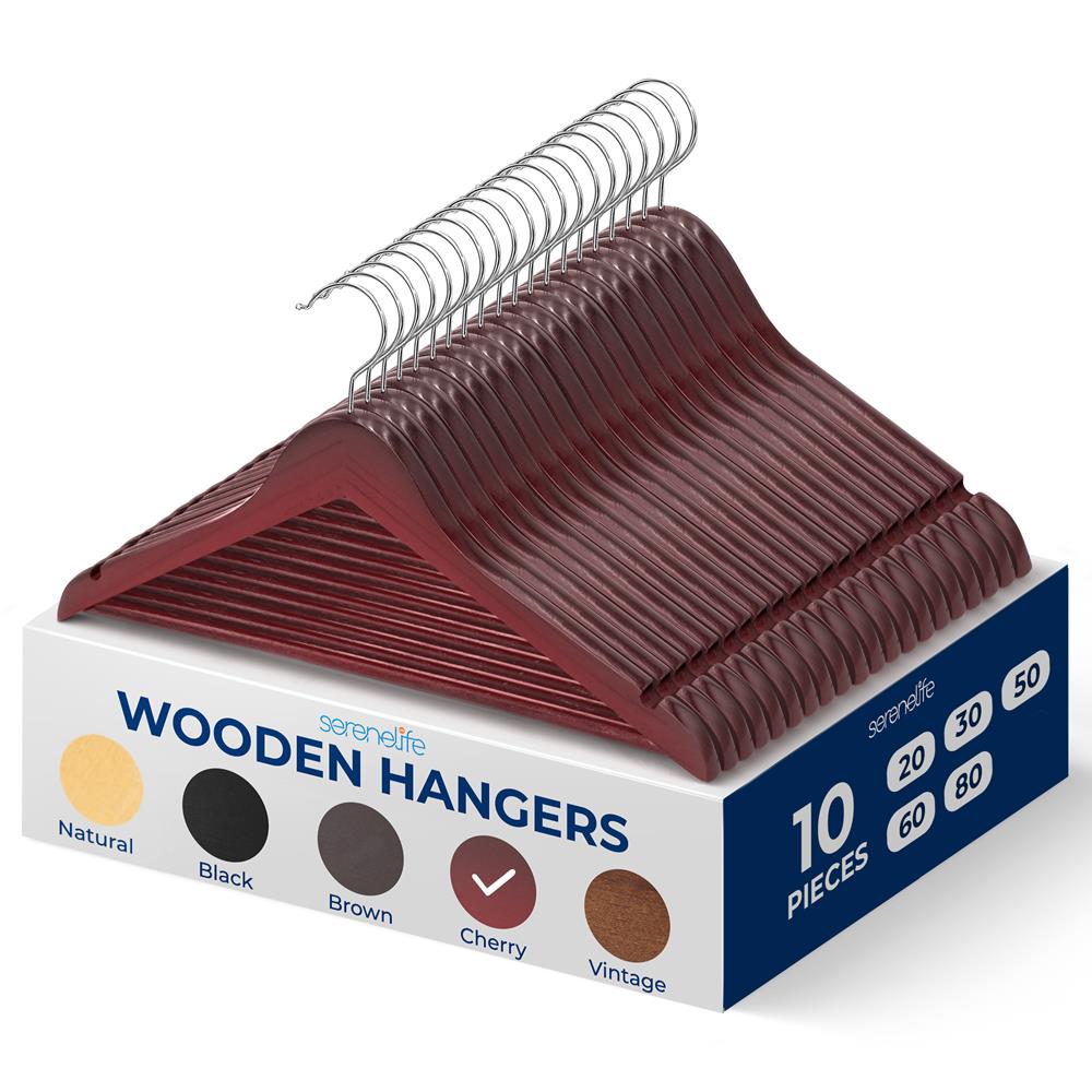 10-Pack Wooden Coat Hangers - Durable, Space-Saving, Cherry Finish