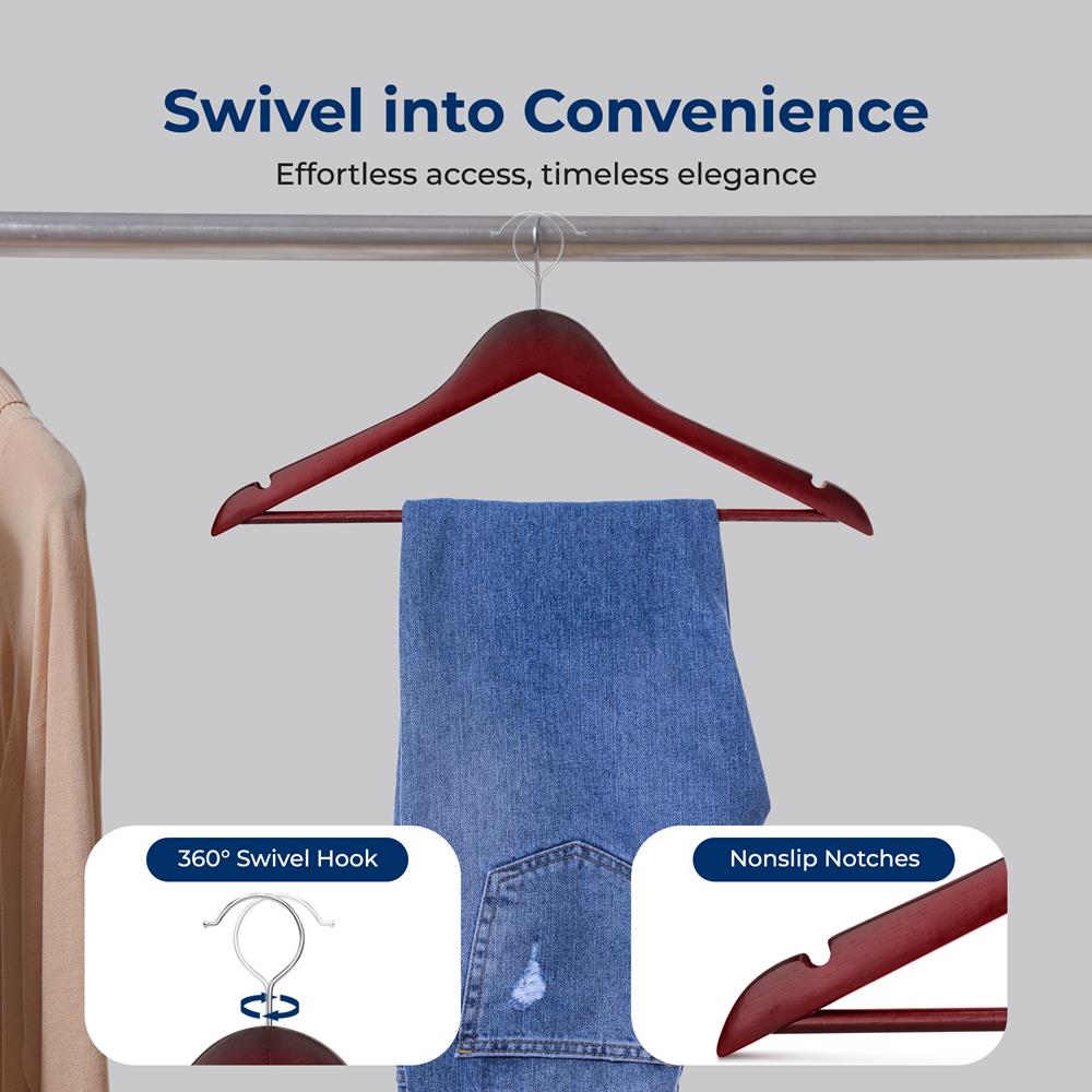 20-Pack Wooden Coat Hangers - Durable, Space-Saving, 360° Swivel Hook
