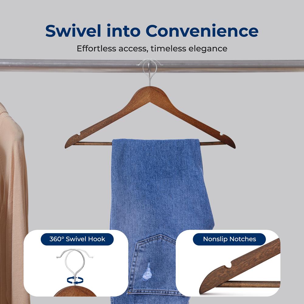10-Pack Vintage Wooden Hangers - Space-Saving, 360° Swivel Hook