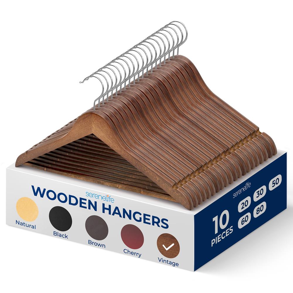 10-Pack Vintage Wooden Hangers - Space-Saving, 360° Swivel Hook