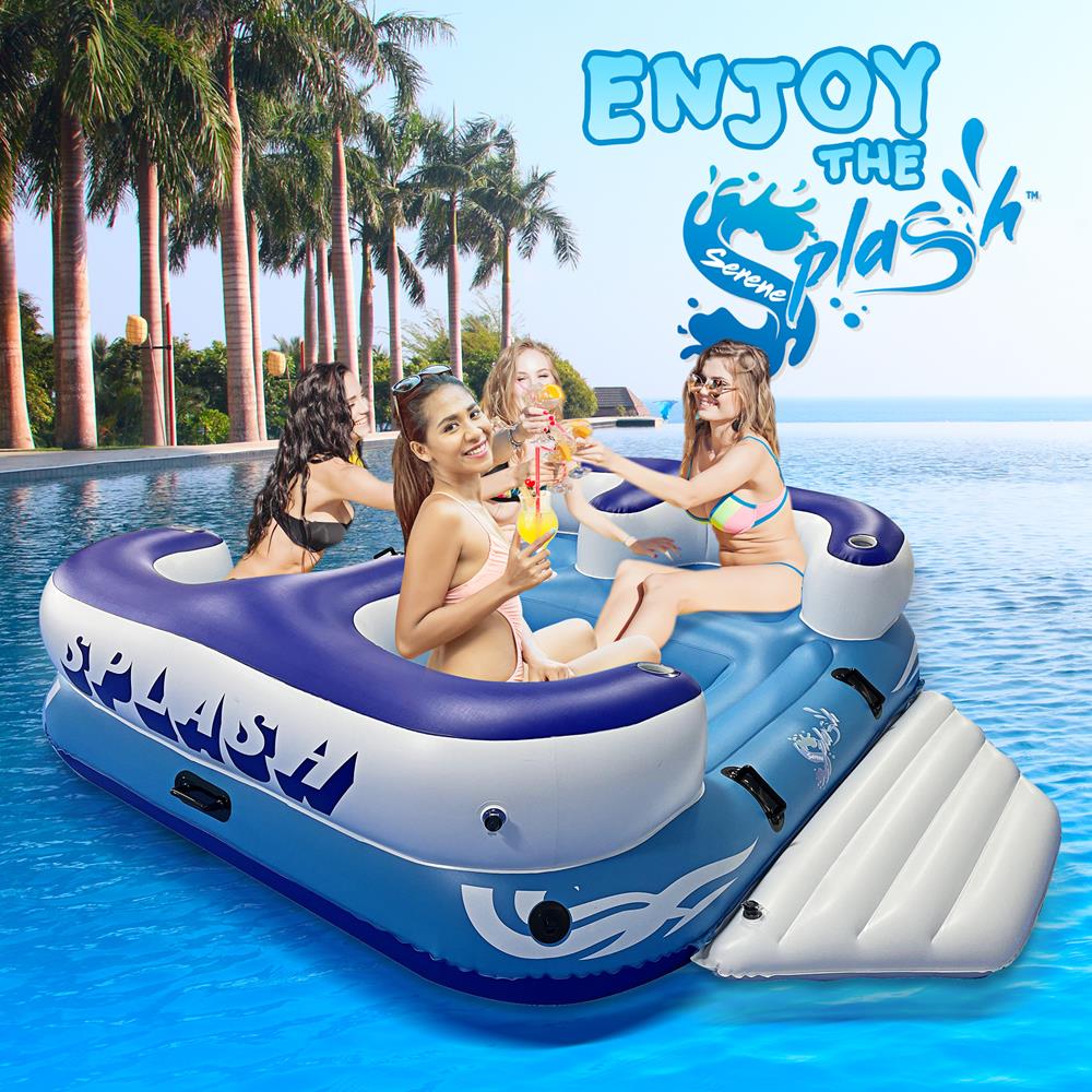 Inflatable Floating Island Lounge Raft With Cup Holders, 4-Seater