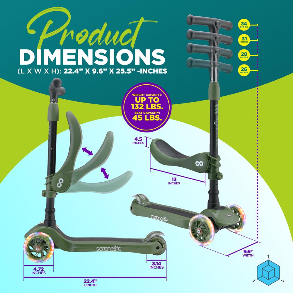 Infinity 3-Wheel Kids Scooter - Child & Toddler Toy Scooter With Built-In Led Wheel Lights, Fold-Out Comfort Seat (Green)