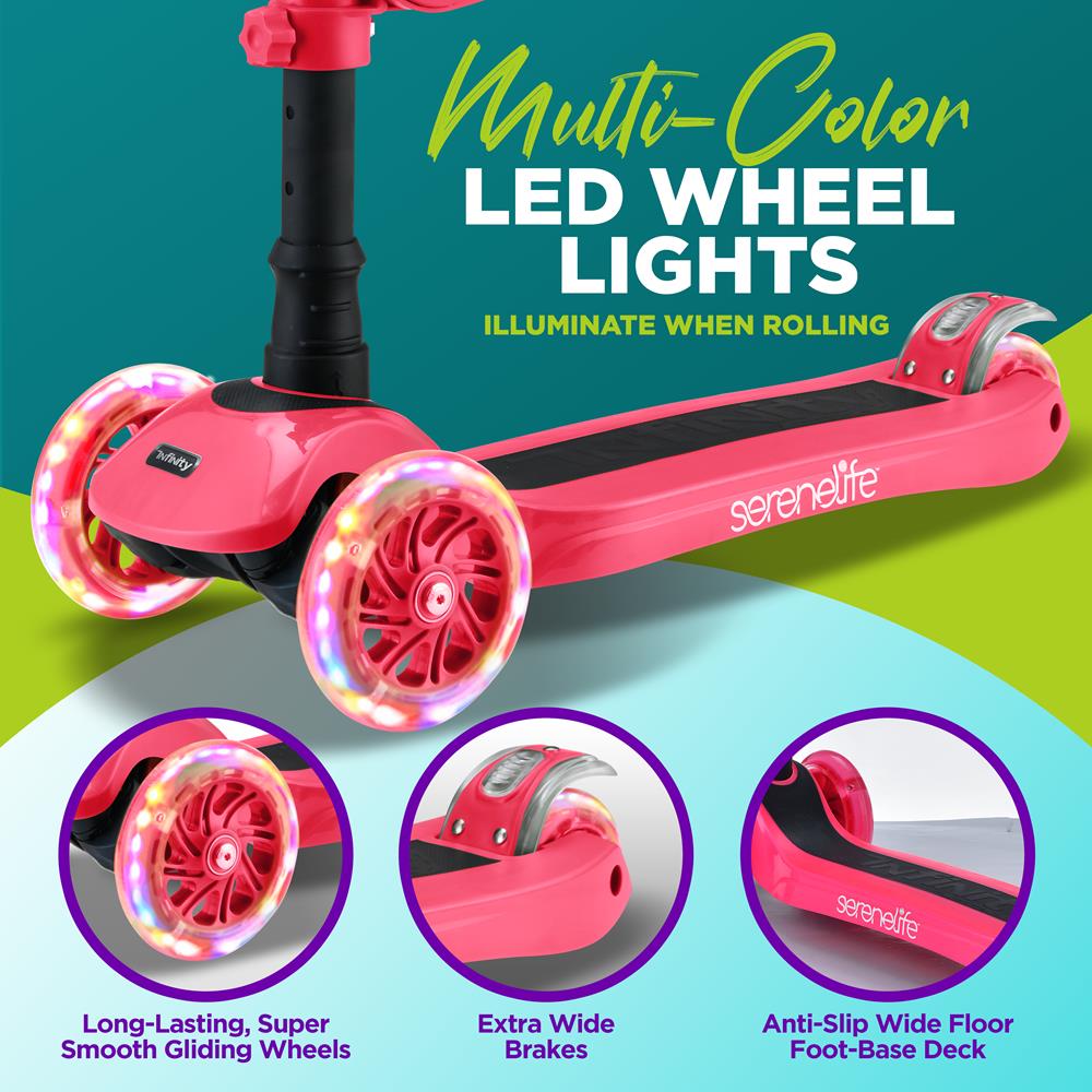Infinity 3-Wheel Kids Scooter - Child & Toddler Toy Scooter With Built-In Led Wheel Lights, Fold-Out Comfort Seat (Pink)