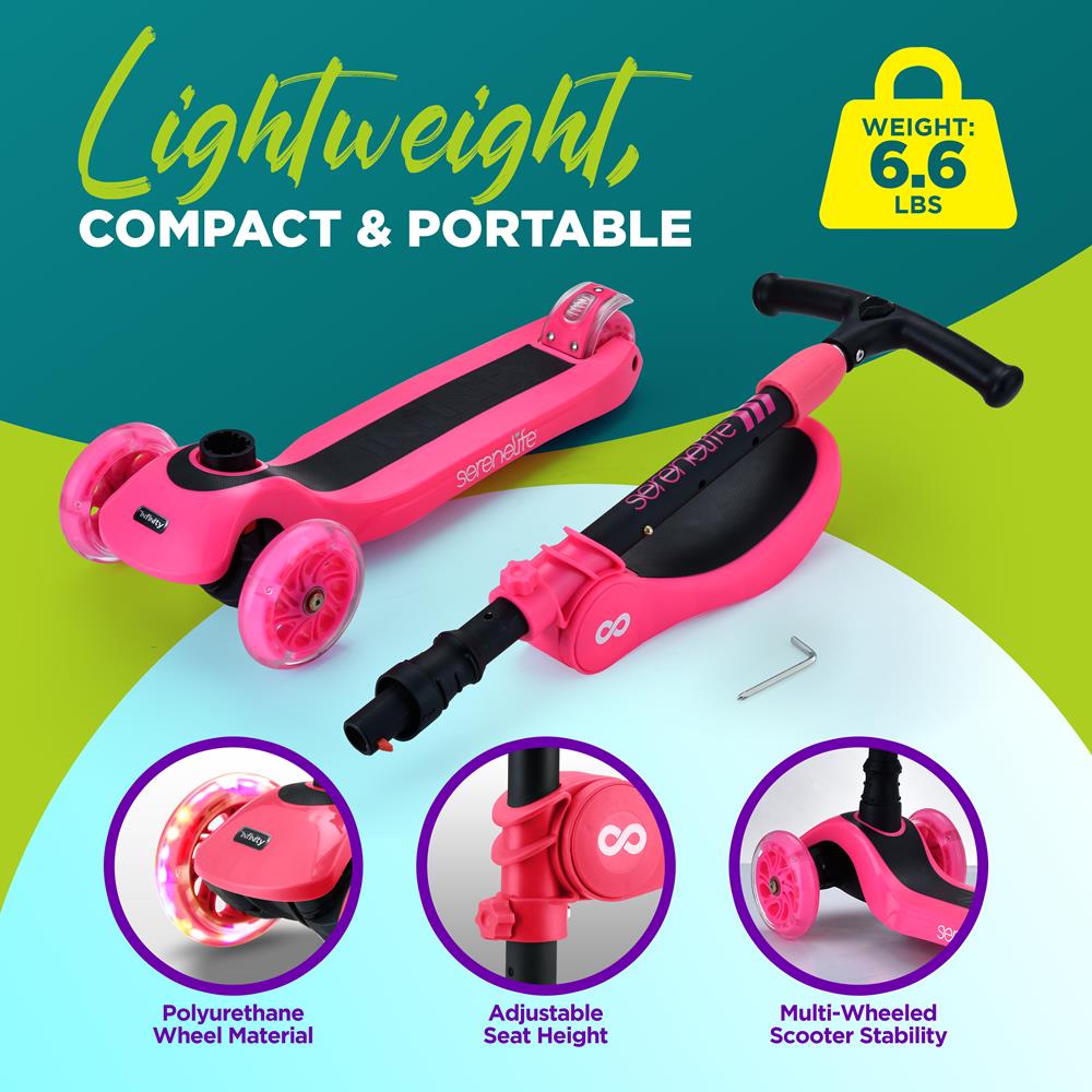 Infinity 3-Wheel Kids Scooter - Child & Toddler Toy Scooter With Built-In Led Wheel Lights, Fold-Out Comfort Seat (Pink)