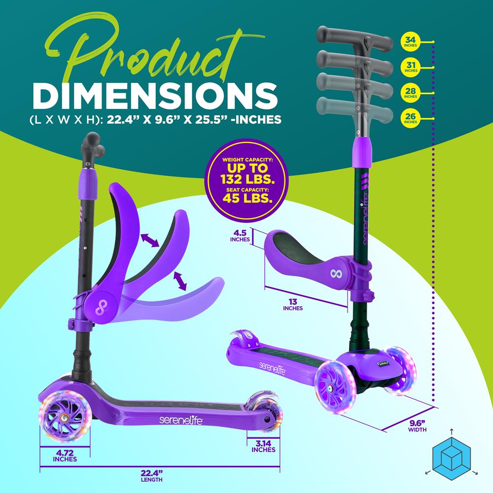 3-Wheel Kids Scooter, Sit/Stand, LED Wheels, Adjustable, Violet