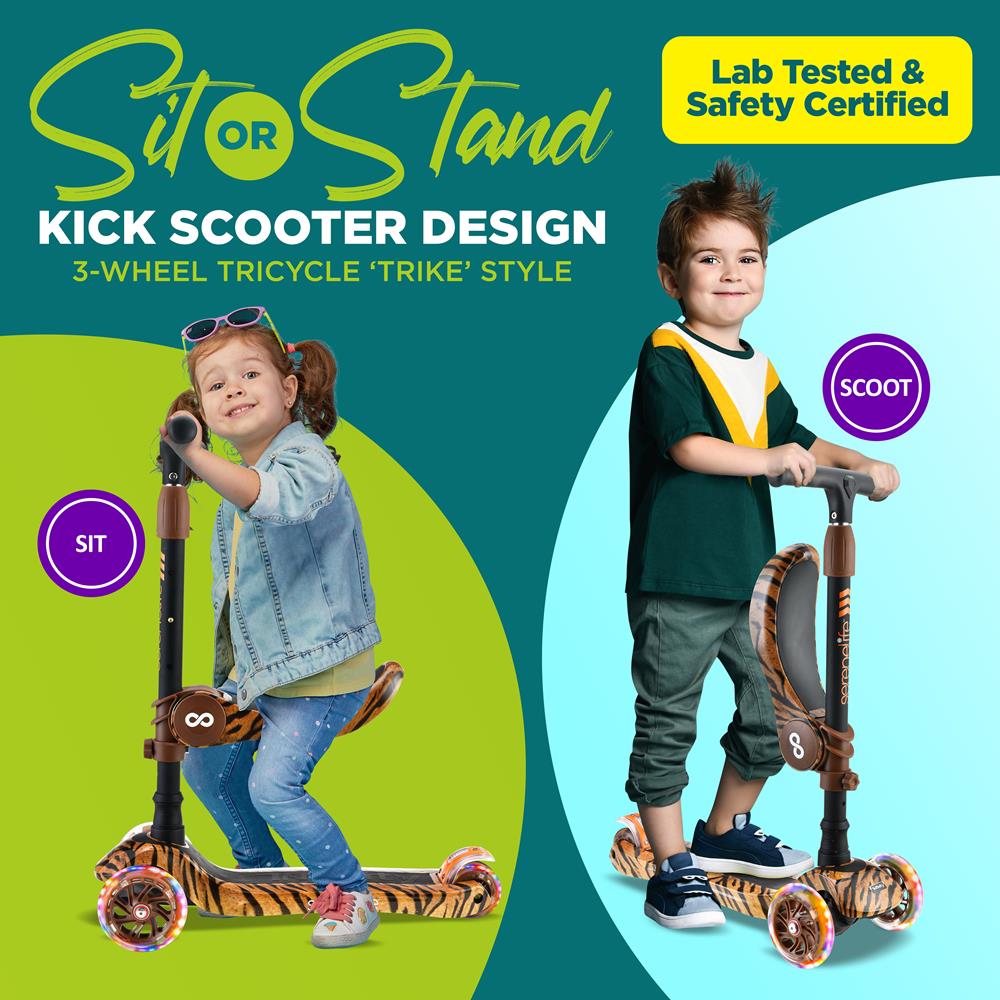 3-Wheel Kids Scooter, Sit/Stand, LED Wheels, Adjustable Height, Tiger