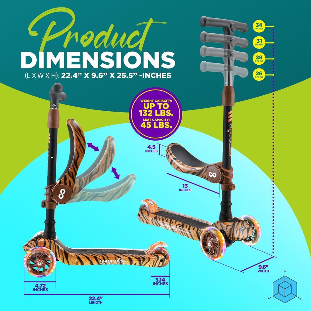 3-Wheel Kids Scooter, Sit/Stand, LED Wheels, Adjustable Height, Tiger