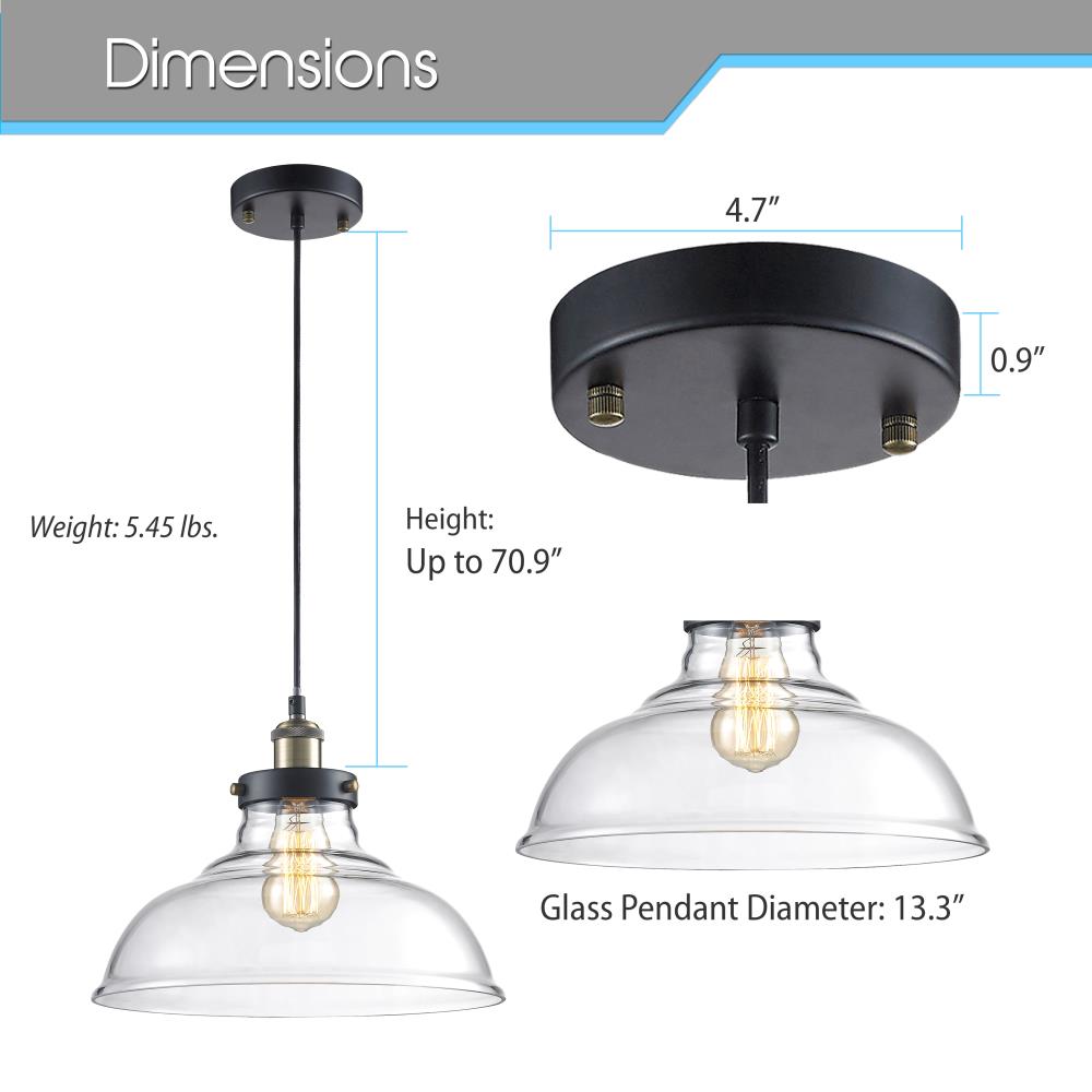 Pendant Light Fixture, Adjustable Glass Dome, Vintage Brass Finish