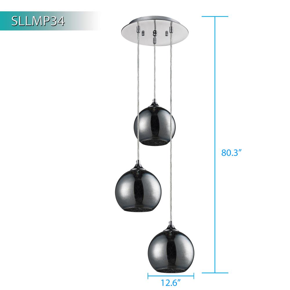 Triple Pendant Light Fixture, Adjustable Glass Domes, Chrome Finish