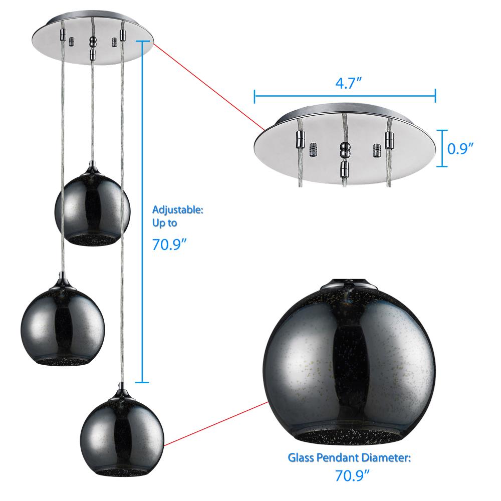 Triple Pendant Light Fixture, Adjustable Glass Domes, Chrome Finish