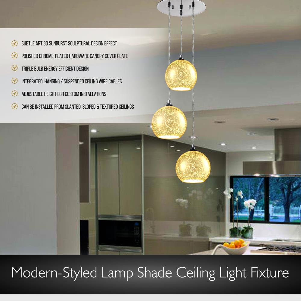 Triple Pendant Light Fixture, Adjustable Glass Domes, Chrome Finish