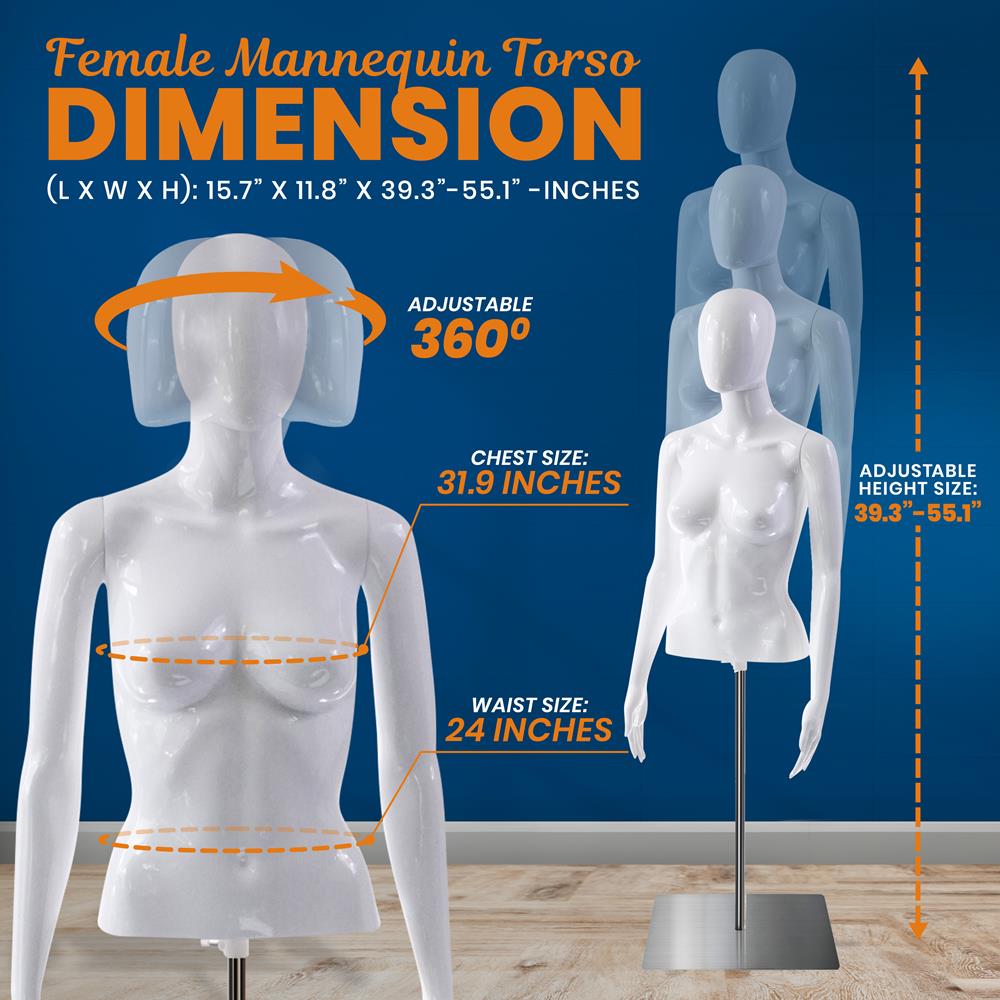 Female Mannequin Torso - Adjustable Height And Detachable Arms Dress Form Display W/ Metal Stand And Powder Coating (Glossy White)