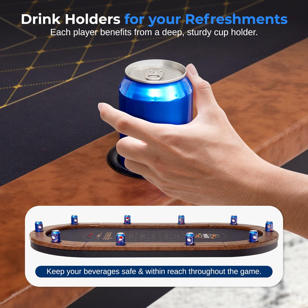 10-Player Foldable Poker Table, Water-Resistant Rail, Brown Felt Surface