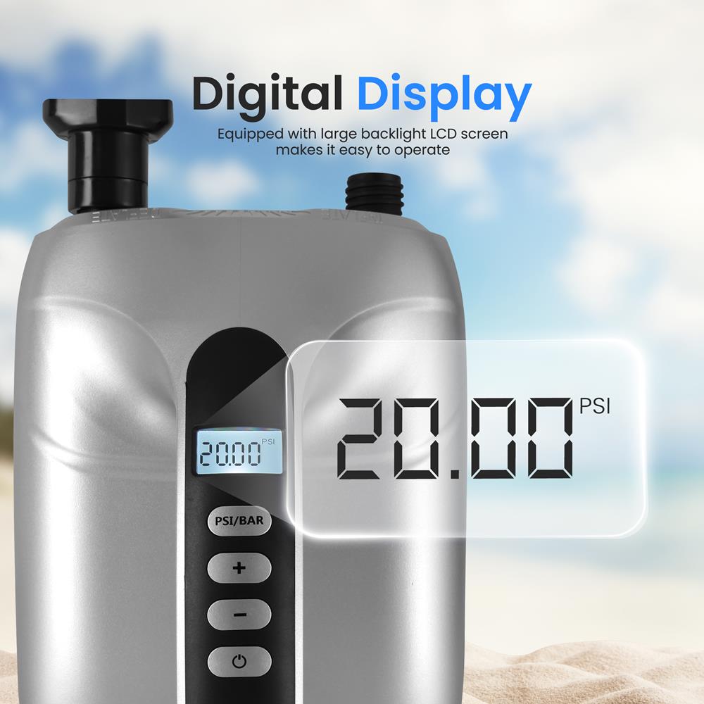 Electric Paddle Board Pump - Fast Inflation, 20 PSI, LCD Display