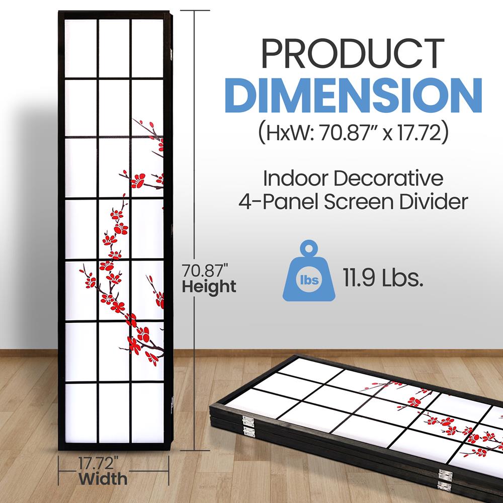 4-Panel Room Divider, Privacy Screen, Handcrafted Wood, Plum Blossom Design
