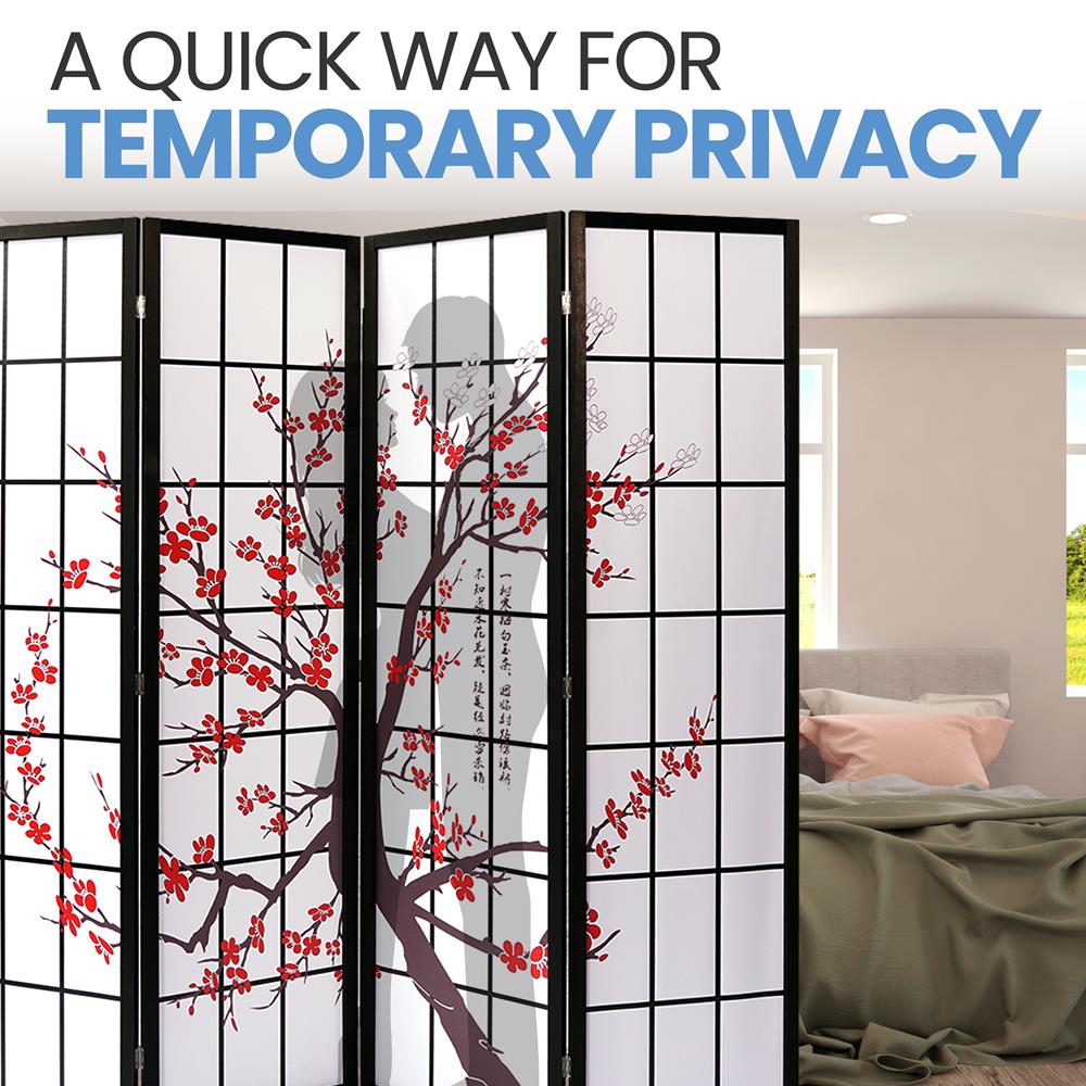 4-Panel Room Divider, Privacy Screen, Handcrafted Wood, Plum Blossom Design