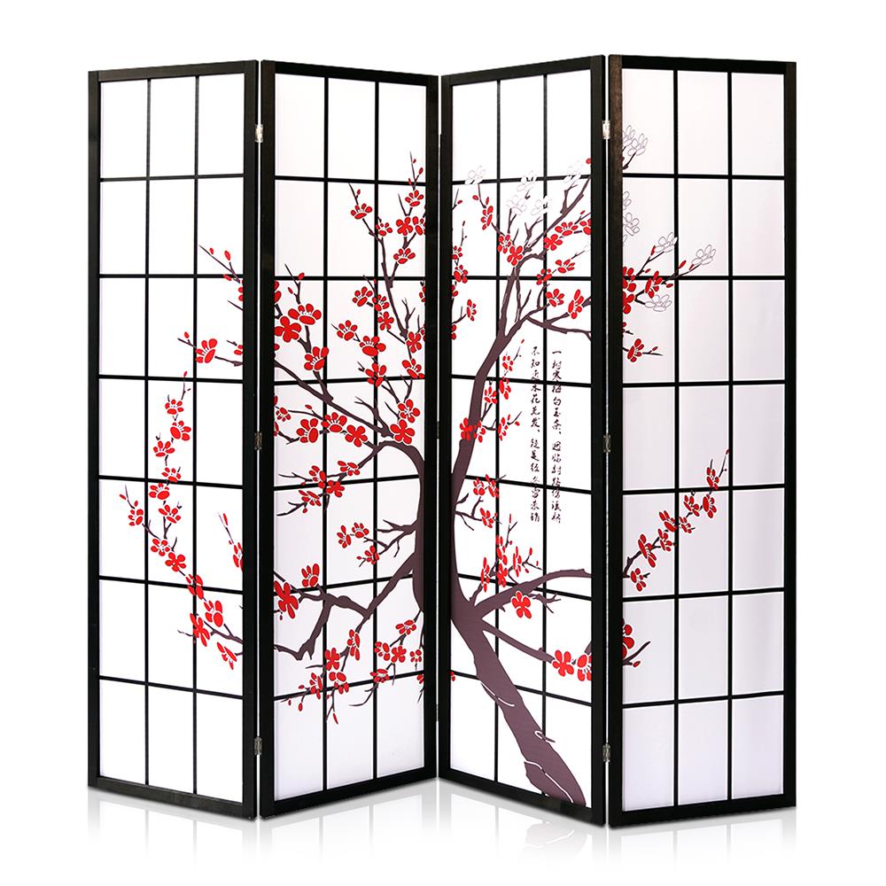 4-Panel Room Divider, Privacy Screen, Handcrafted Wood, Plum Blossom Design