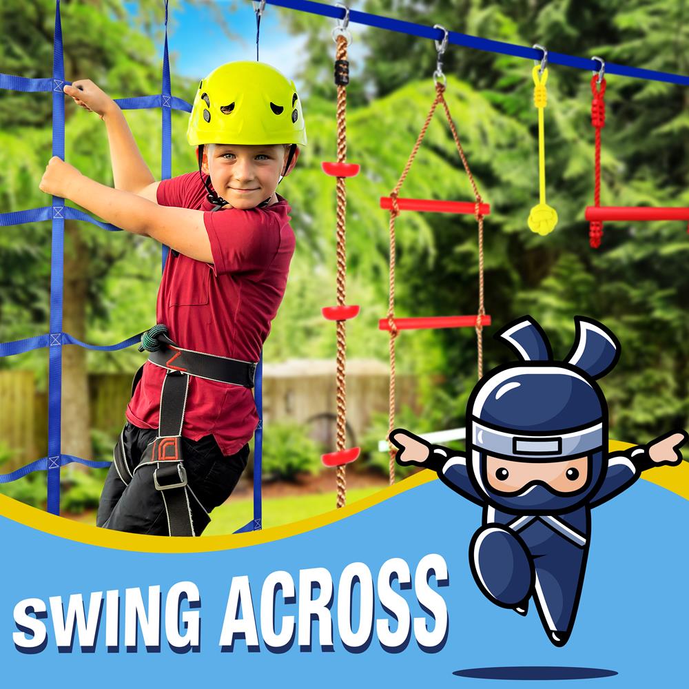 Ninja Warrior Obstacle Course For Kids - Hanging 50’ Ninja Warrior Slackline Kit Training Equipment For Adults With 14 Accessories