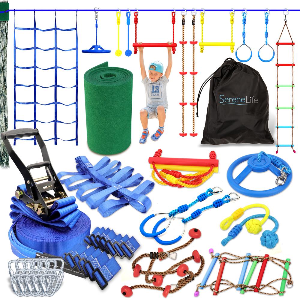 Ninja Warrior Obstacle Course 50ft Slackline Set with 18 Attachments Blue