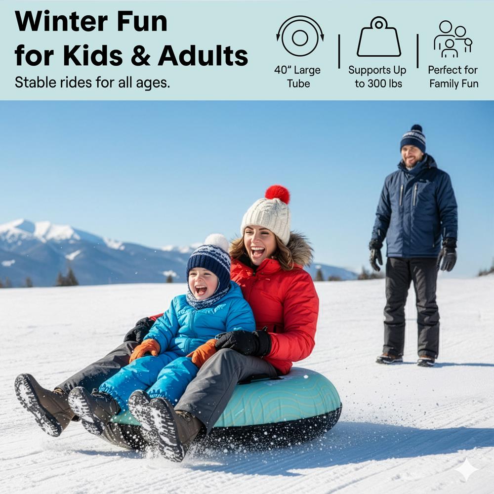 Serenelife 40'' Inflatable Snow Tube For Winter Sports – Durable, Easy-To-Inflate Snow Sled For Kids & Adults – Safe & Fun For Snow Tubing, Sliding, And Sledding (Blue)