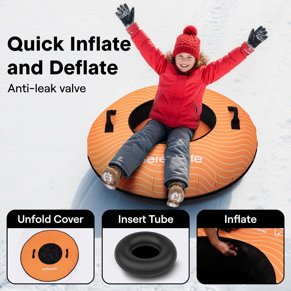 Serenelife 40'' Inflatable Snow Tube For Winter Sports – Durable, Easy-To-Inflate Snow Sled For Kids & Adults (Orange)