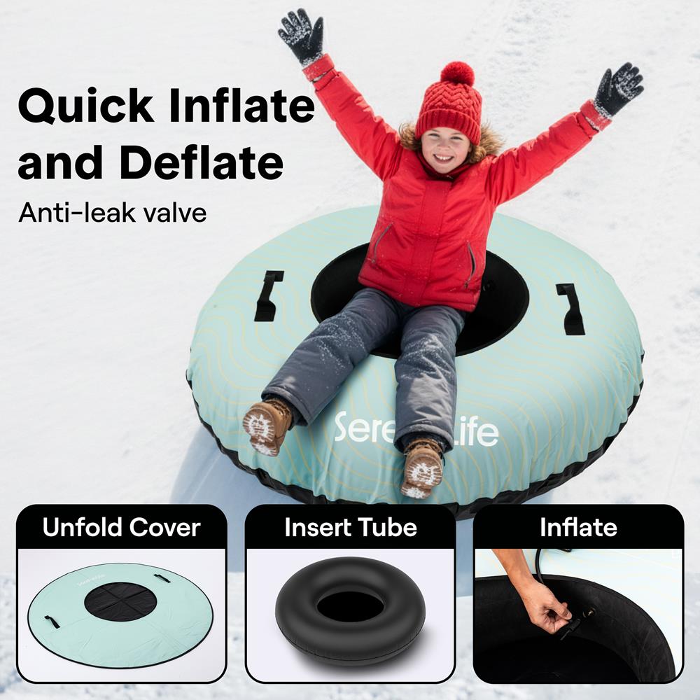 Serenelife 48'' Inflatable Snow Tube For Winter Sports – Durable, Easy-To-Inflate Snow Sled For Kids & Adults – Safe & Fun For Snow Tubing, Sliding, And Sledding (Blue)