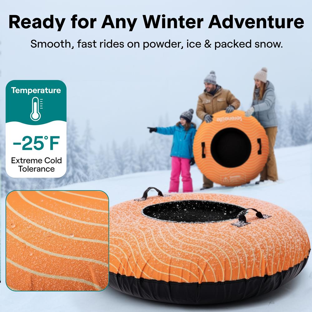 Serenelife 48'' Inflatable Snow Tube For Winter Sports – Durable, Easy-To-Inflate Snow Sled For Kids & Adults – Safe & Fun For Snow Tubing, Sliding, And Sledding (Orange)