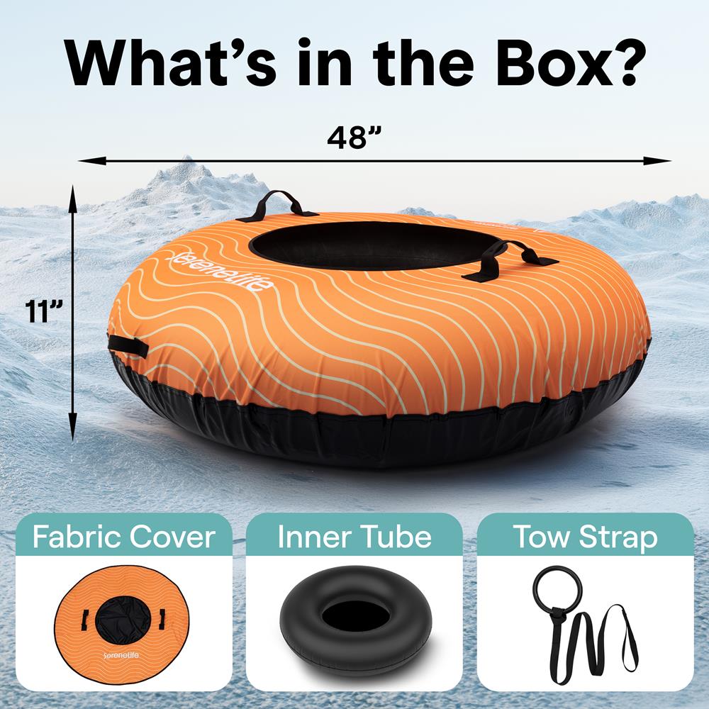 Serenelife 48'' Inflatable Snow Tube For Winter Sports – Durable, Easy-To-Inflate Snow Sled For Kids & Adults – Safe & Fun For Snow Tubing, Sliding, And Sledding (Orange)