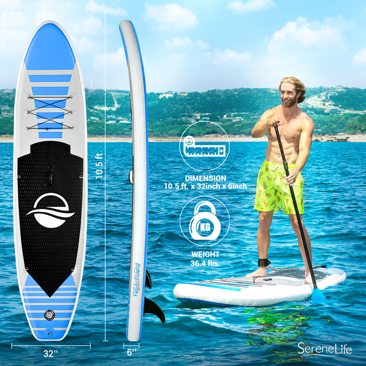 Inflatable Paddle Board - Stable Non-Slip Deck, 10'6", PVC, Teal