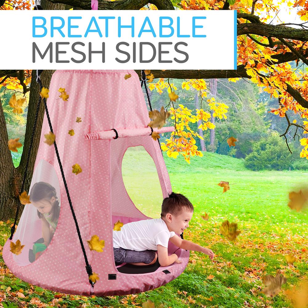Children’S Tree Swing Tent - Indoor/Outdoor Hanging Rope Swing Hangout Kit (Pink)
