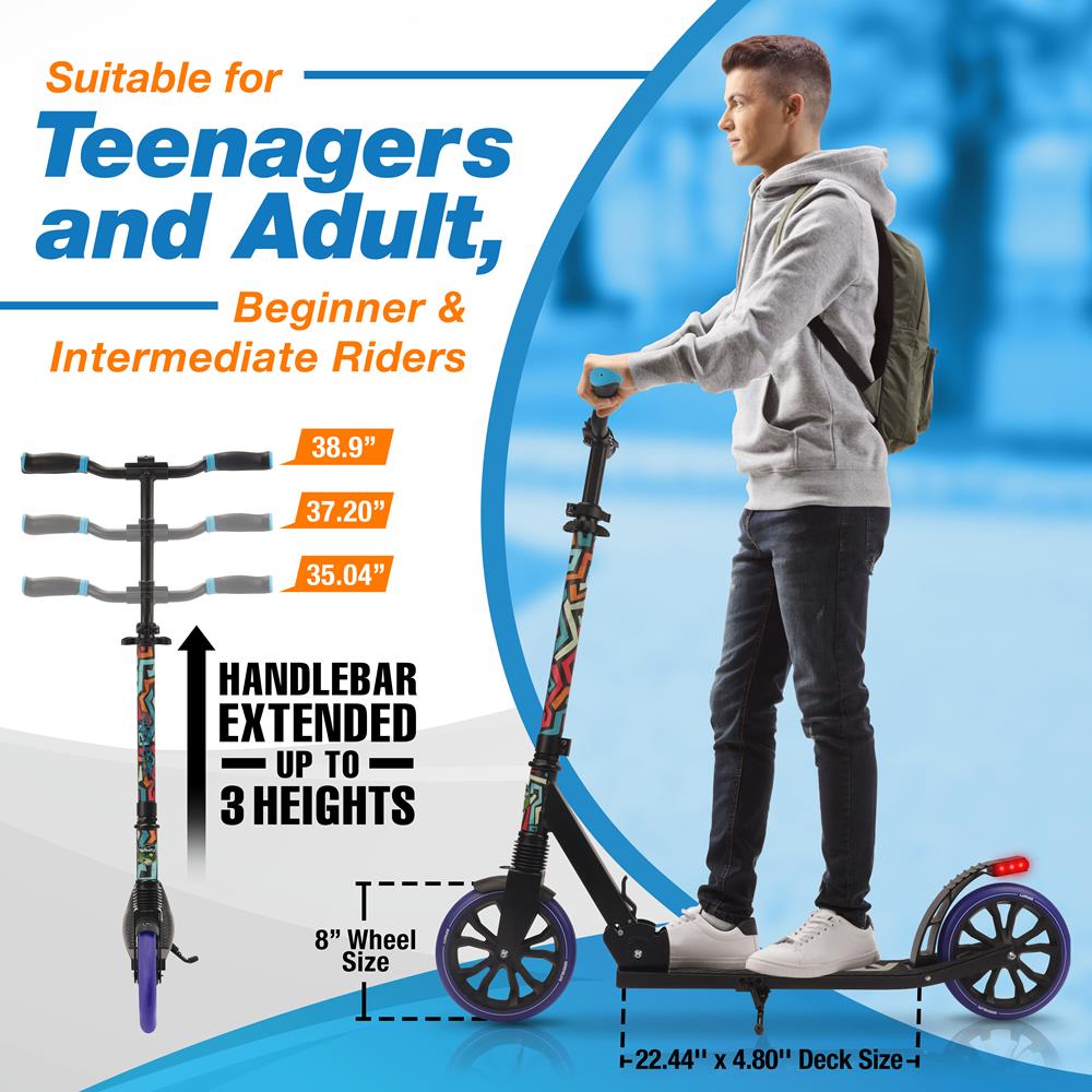 Kick Scooter for Teens & Adults, Adjustable Alloy Deck, Graffiti Design