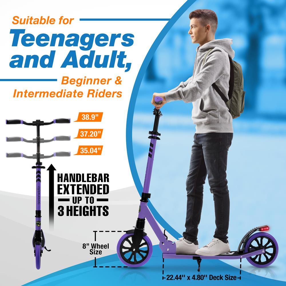 Kick Scooter for Teens & Adults, Adjustable Alloy Deck, Purple