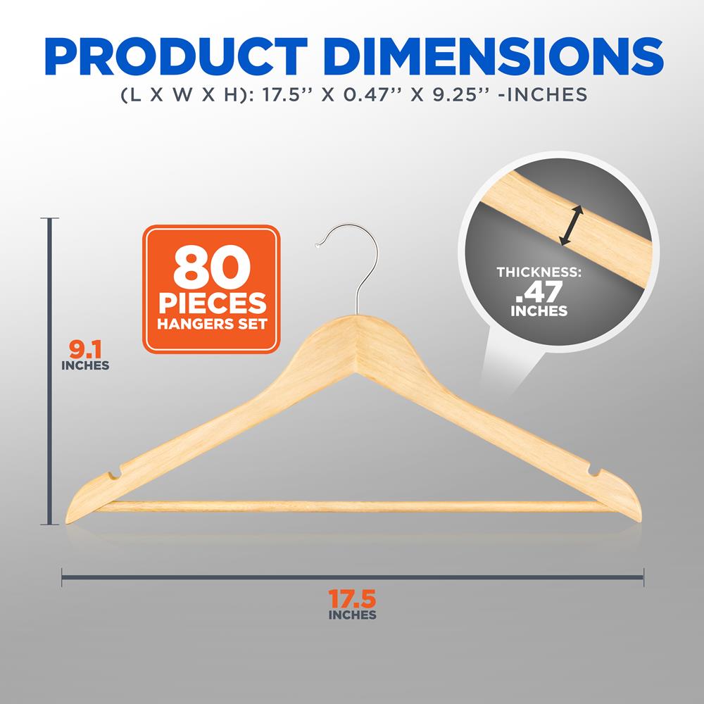 Wooden Hangers 80-Pack, Heavy Duty, 360° Swivel Hook, Natural Wood