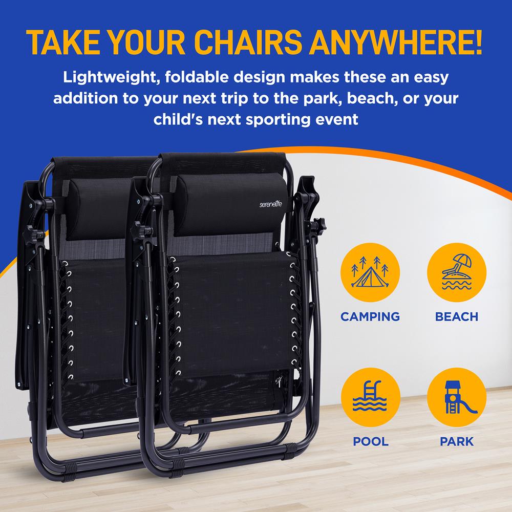 Outdoor Adjustable And Foldable Zero Gravity Lounge Chair Recliners With Canopy, Plastic Cup Holder Side Table And Pillow, 2 Pack, (Black)