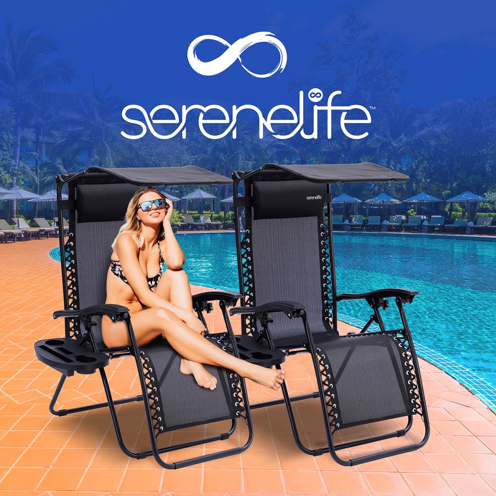Outdoor Adjustable And Foldable Zero Gravity Lounge Chair Recliners With Canopy, Plastic Cup Holder Side Table And Pillow, 2 Pack, (Black)
