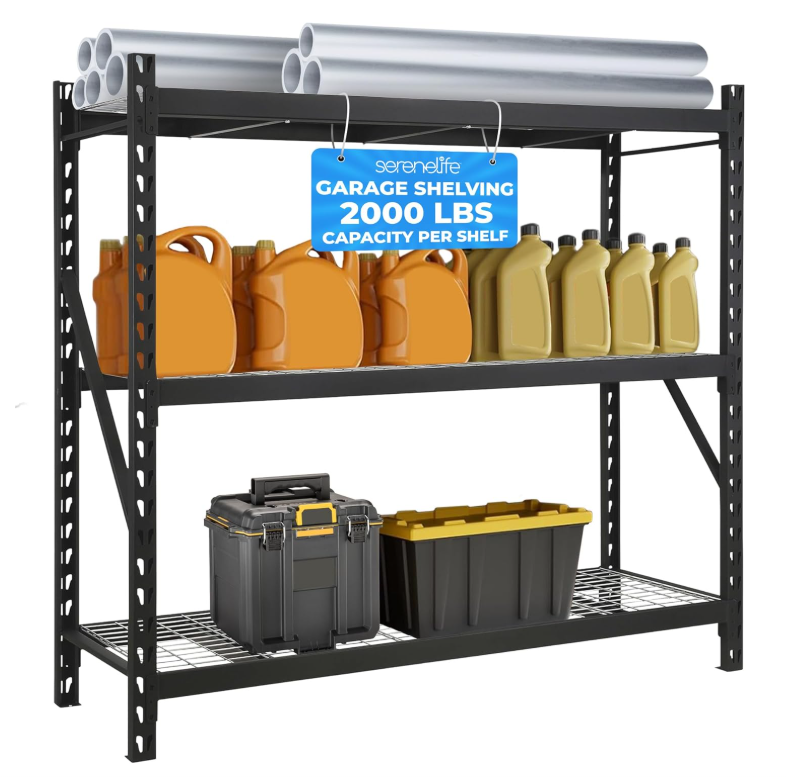 3-Tier Metal Garage Shelving, 2000 lbs Capacity, Adjustable Steel, Black