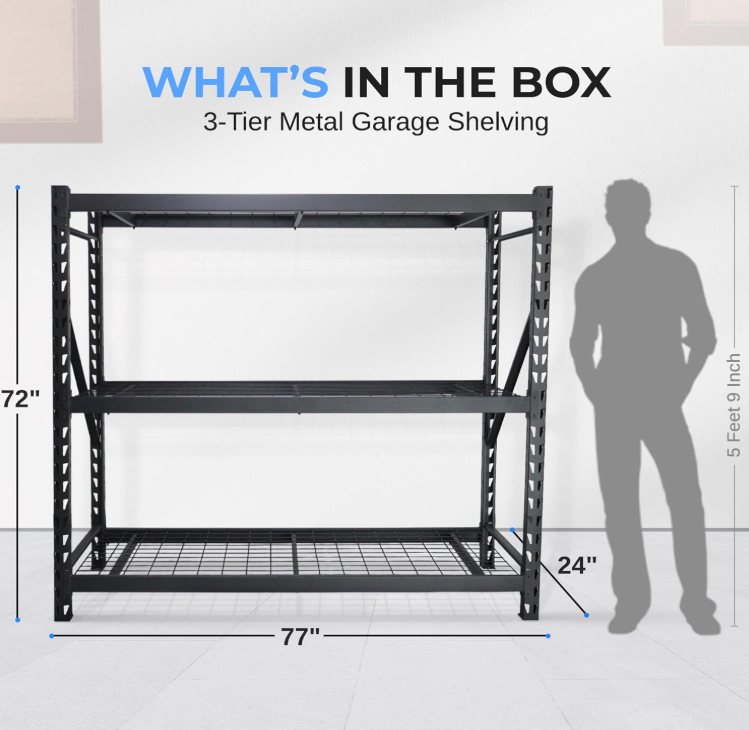 3-Tier Metal Garage Shelving, 2000 lbs Capacity, Adjustable Steel, Black