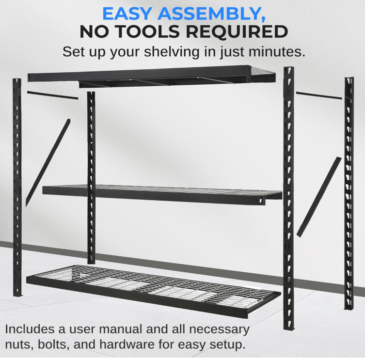 3-Tier Metal Garage Shelving, 2000 lbs Capacity, Adjustable Steel, Black