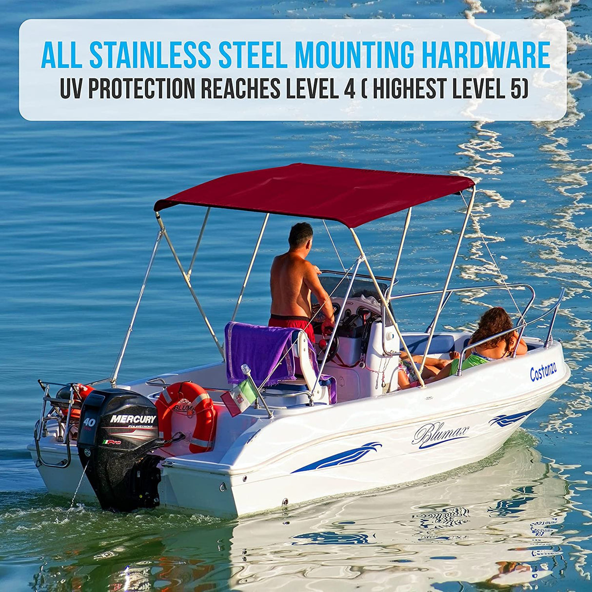 4 Bow Bimini Top - 2 Straps And 2 Rear Support Poles With Marine-Grade 600D Polyester Canvas (Burgundy)