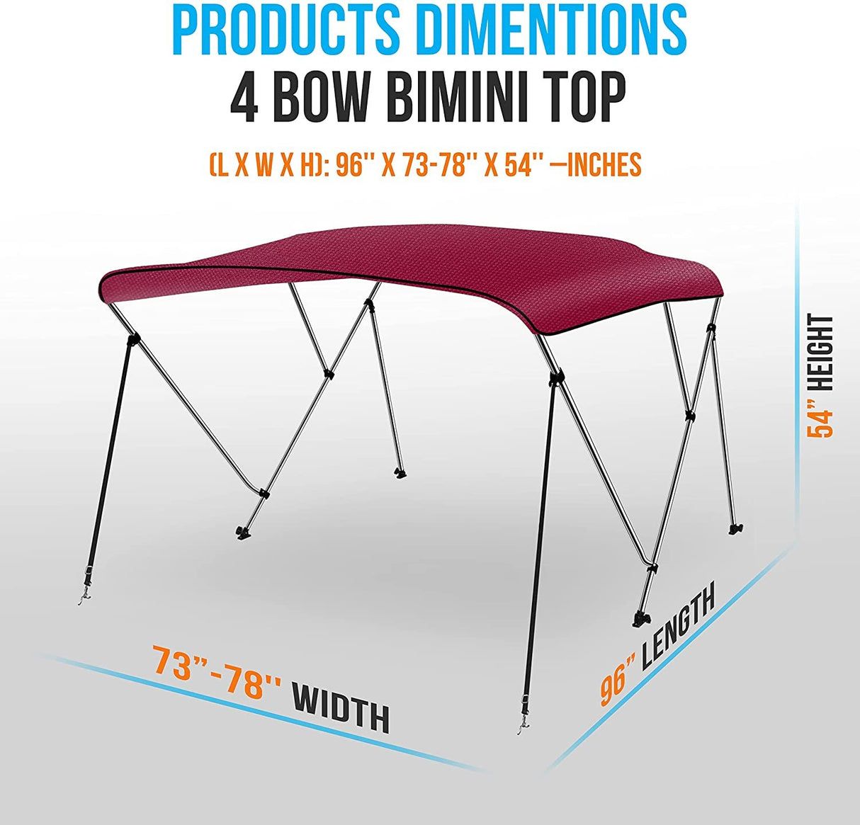 4 Bow Bimini Top - 2 Straps And 2 Rear Support Poles With Marine-Grade 600D Polyester Canvas (Burgundy)