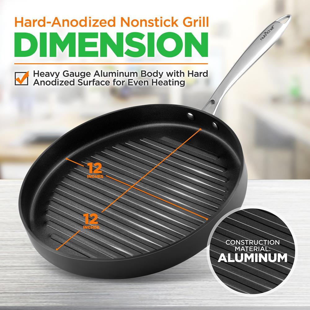 12’’ Hard-Anodized Nonstick Grill - Dishwasher Safe Nonstick Grill Pan