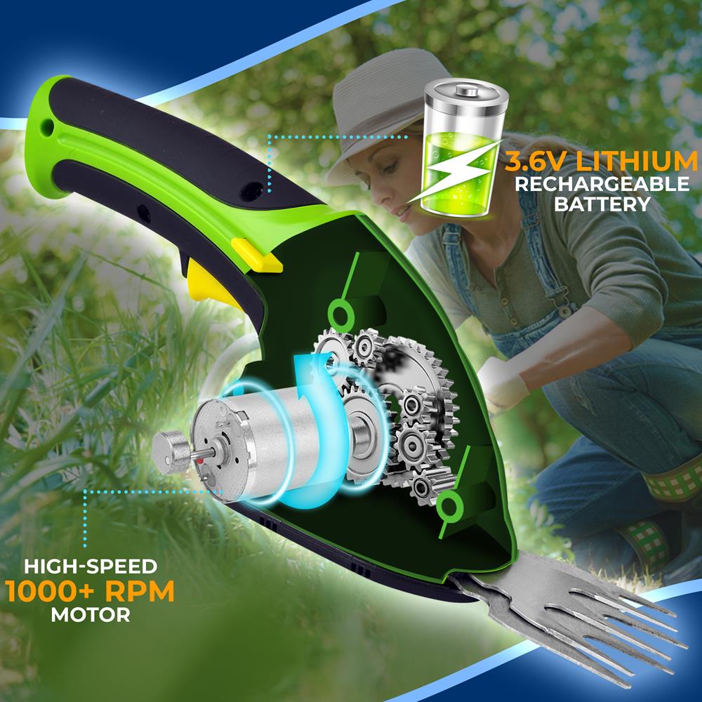 Electric Grass Cutter Shears - Cordless Handheld Hedge Shrubber Trimmer, 3.6V Rechargeable Battery, Changeable Blades