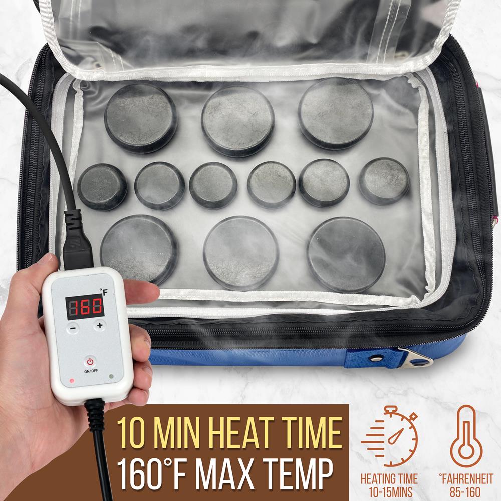 Hot Stone Massage Kit - Portable Heated Rock Therapy System With Digital Temperature Controller, Includes (12) Massaging Stones (Blue)