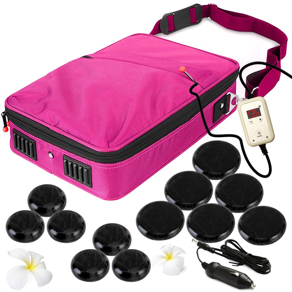 Hot Stone Massage Kit - Portable Heated Rock Therapy System With Digital Temperature Controller, Includes (12) Massaging Stones (Pink)