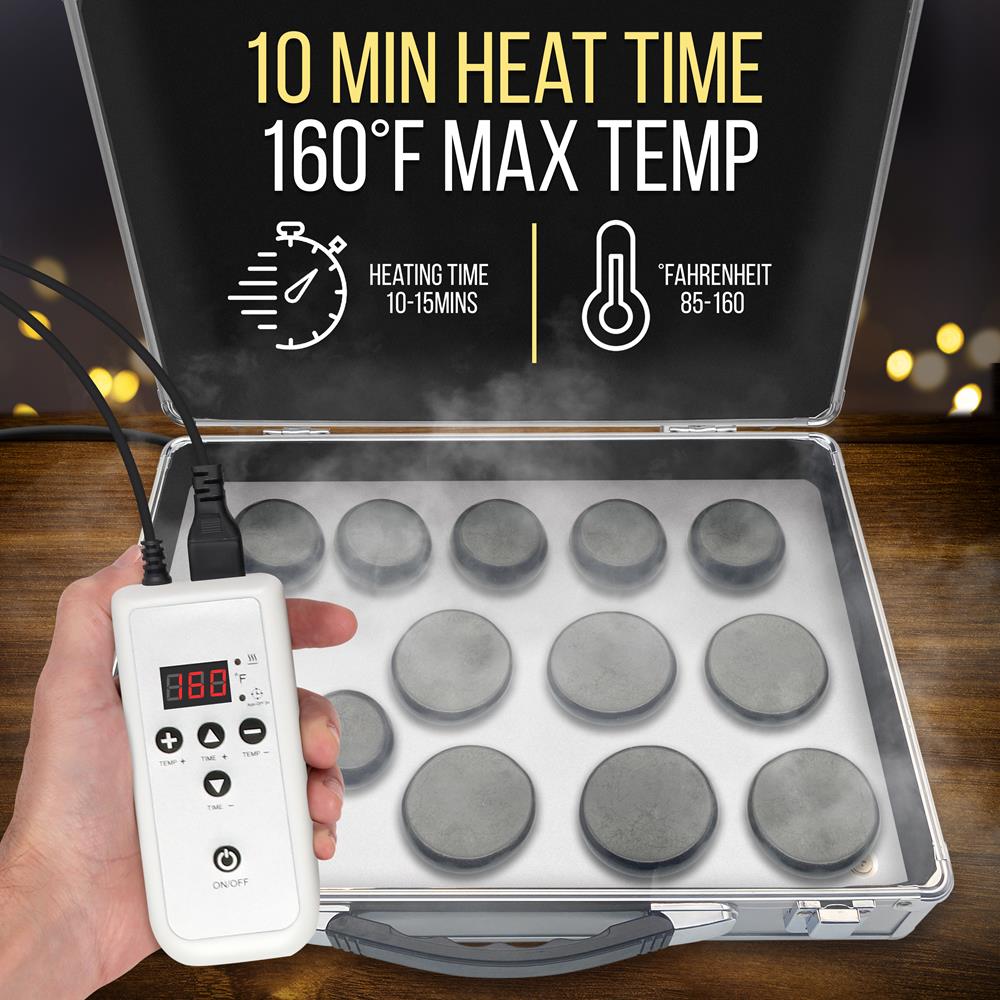 Hot Stone Massage Kit - Portable Heated Rock Therapy System With Digital Temperature Controller, Includes (12) Massaging Stones